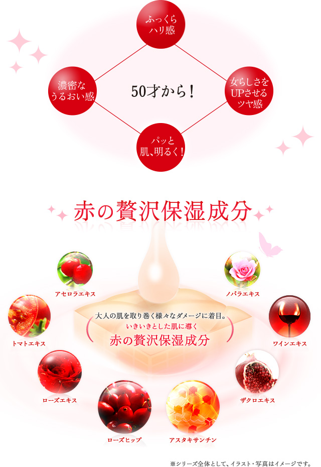 
						50才から！ ふっくらハリ感・女らしさをUPさせるツヤ感・パッと肌、明るく！・濃密なうるおい感
						大人の肌を取り巻く様々なダメージに着目。いきいきとした肌に導く
						赤の贅沢保湿成分
						トマトエキス・ローズエキス・ザクロエキス・アスタキサンチン・ローズヒップ・ワインエキス・ノバラエキス
						※シリーズ全体として。イラスト・写真はイメージです。
					